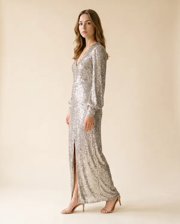 Long-Sleeve Sequin Slit Maxi Dress in Silver, side view, worn by Ava