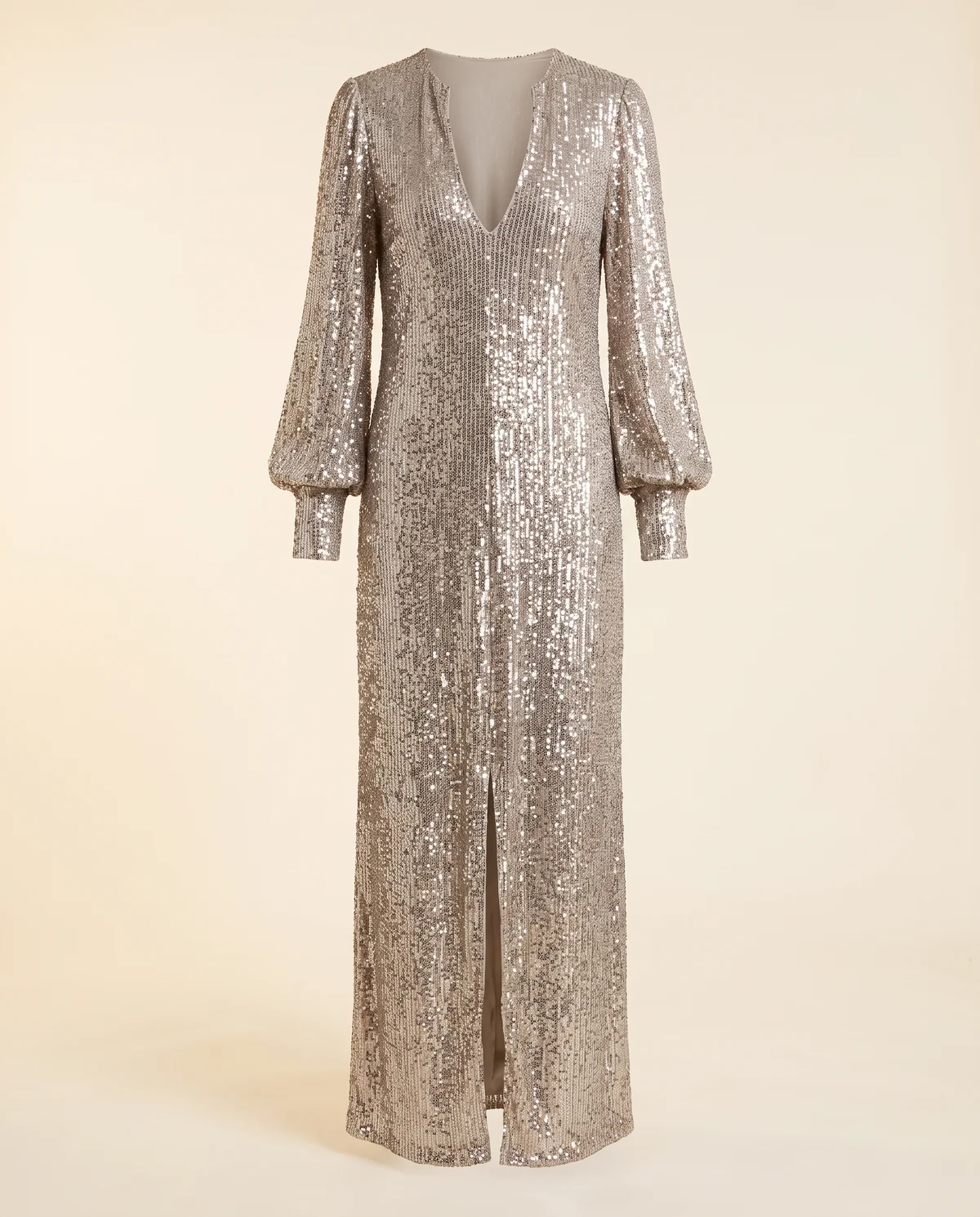 Long-Sleeve Sequin Slit Maxi Dress in Silver, product shot on a plain background
