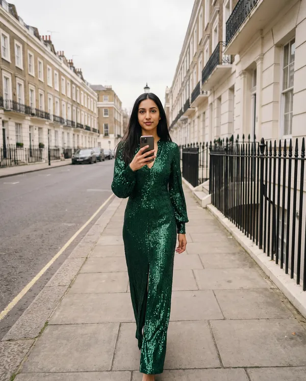 Satin Eve styling: Long-Sleeve Sequin Slit Maxi Dress