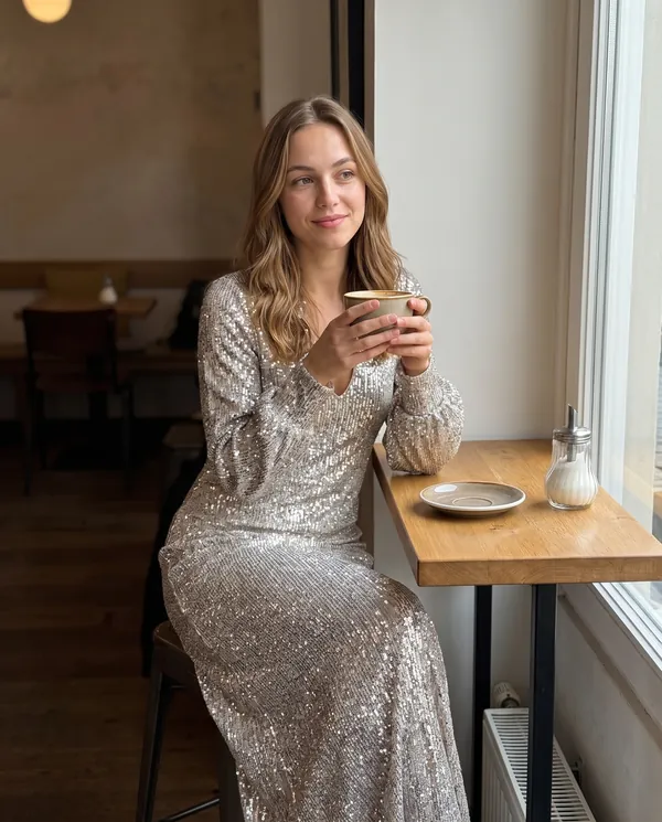 Satin Eve styling: Long-Sleeve Sequin Slit Maxi Dress