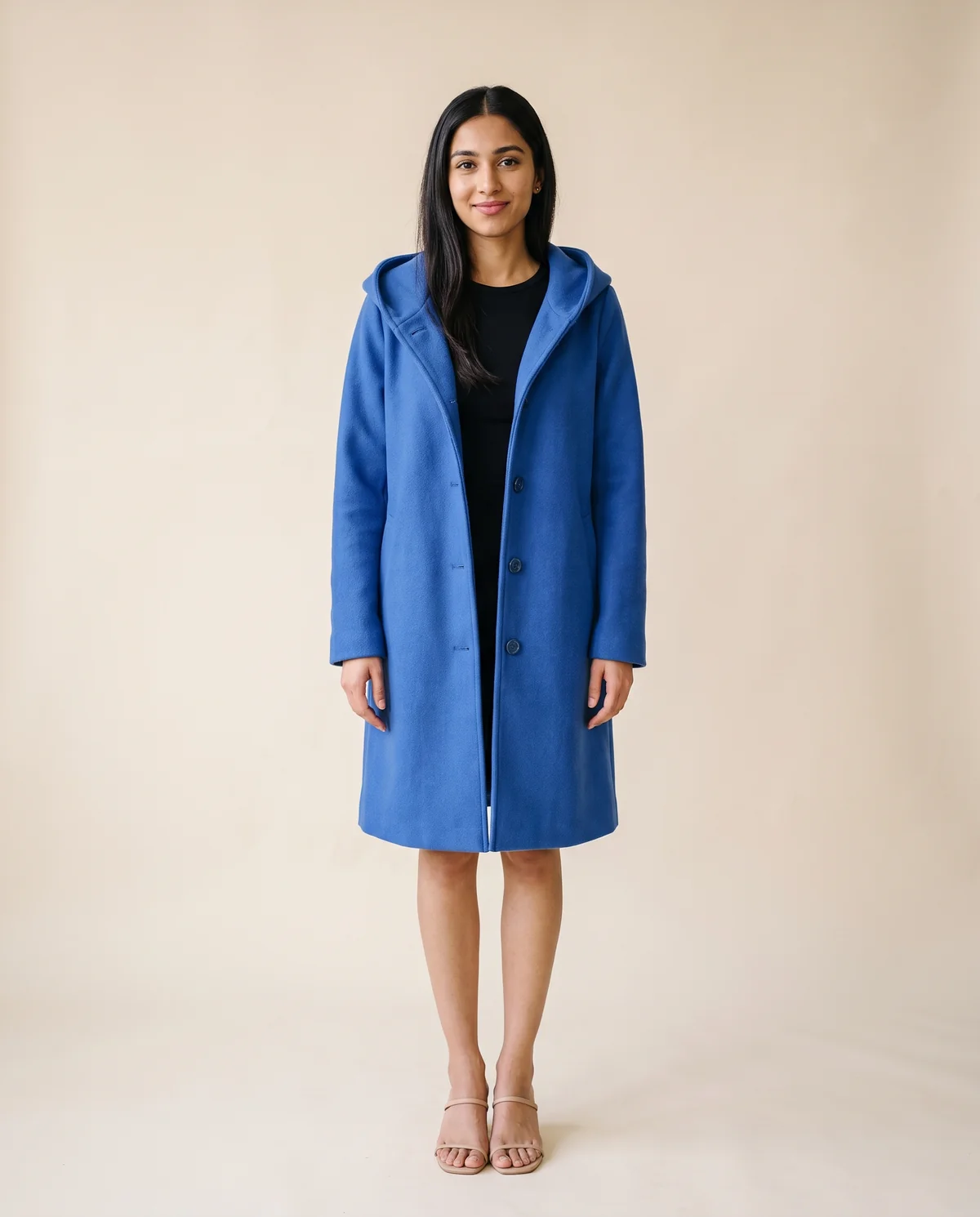 Soft Hooded Wool-Look Coat in Cobalt, front view, worn by Priya