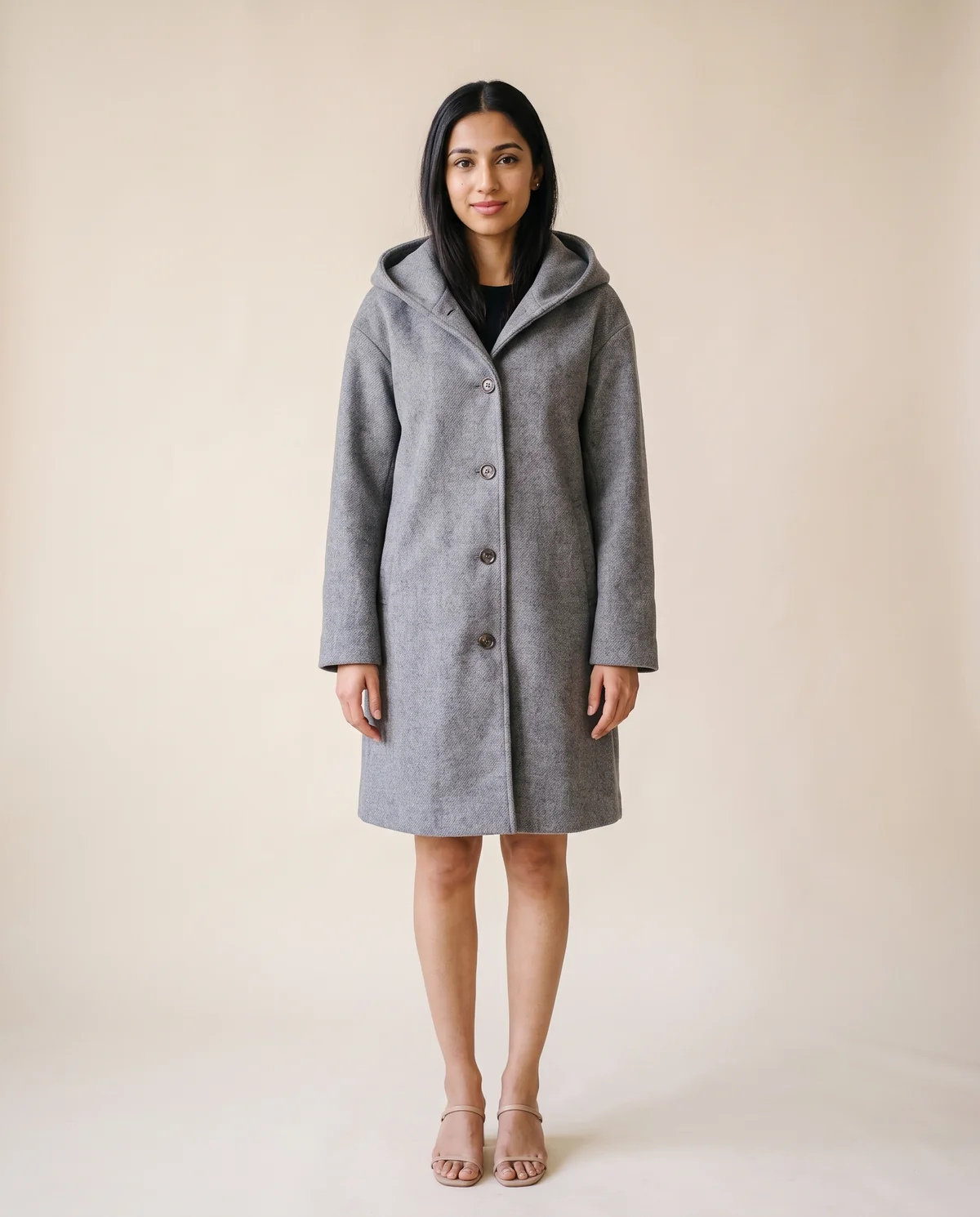 Soft Hooded Wool-Look Coat in Grey, front view, worn by Priya