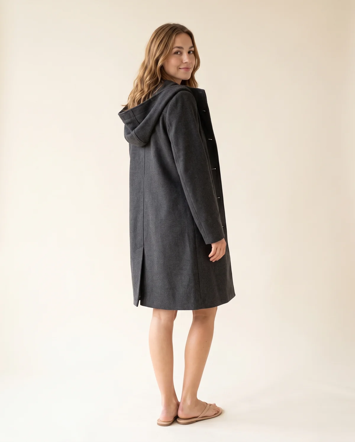 Soft Hooded Wool-Look Coat in Charcoal, back view, worn by Ava