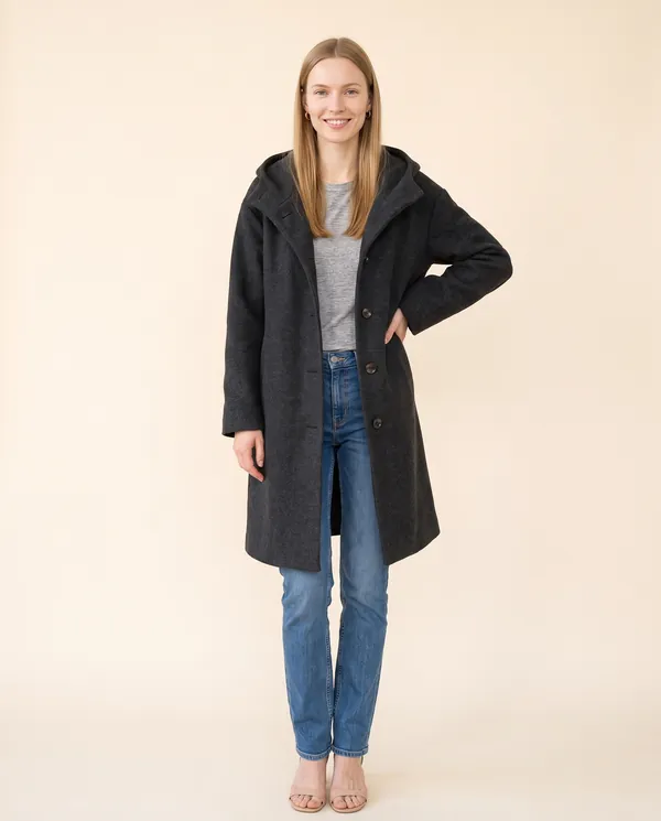 Soft Hooded Wool-Look Coat in Charcoal, front view, worn by Maya