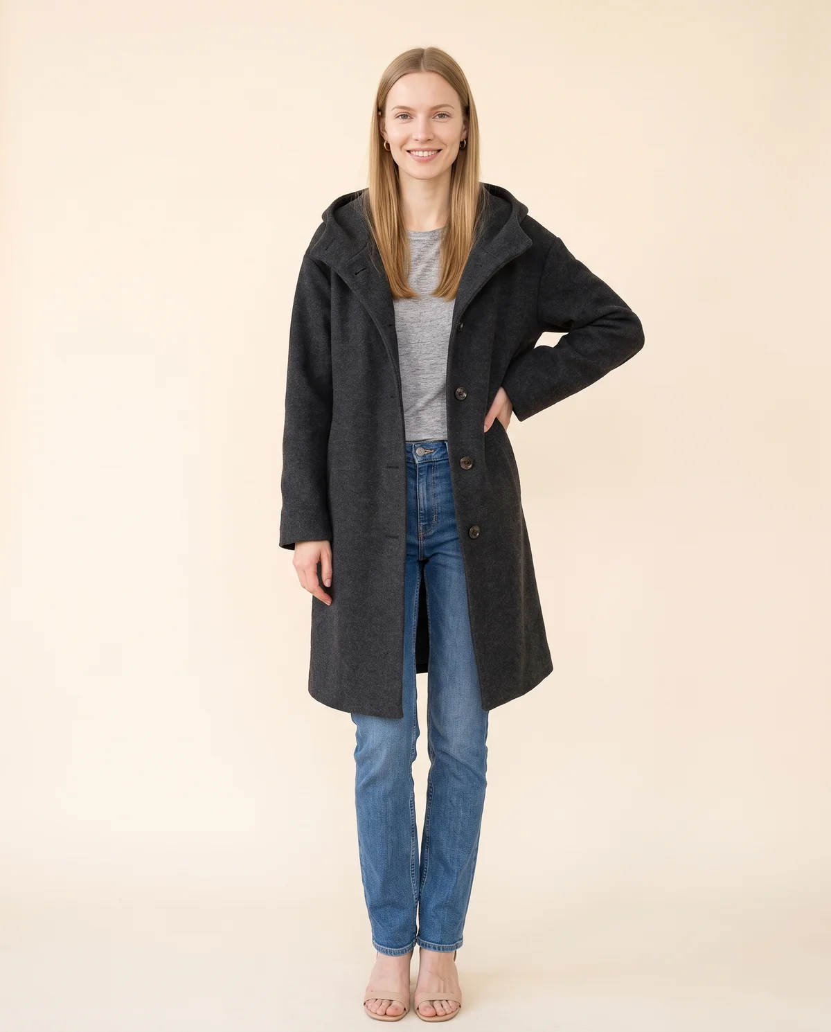 Soft Hooded Wool-Look Coat in Charcoal, front view, worn by Maya
