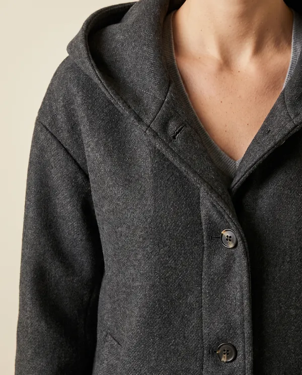 Soft Hooded Wool-Look Coat in Charcoal, close-up of the detail
