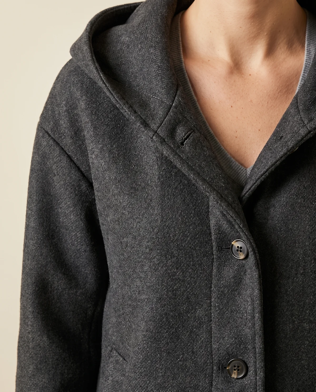 Soft Hooded Wool-Look Coat in Charcoal, close-up of the detail