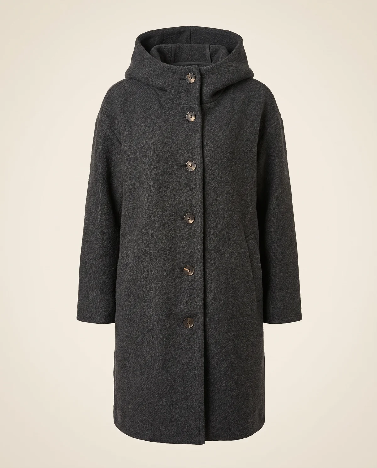 Soft Hooded Wool-Look Coat in Charcoal, product shot on a plain background