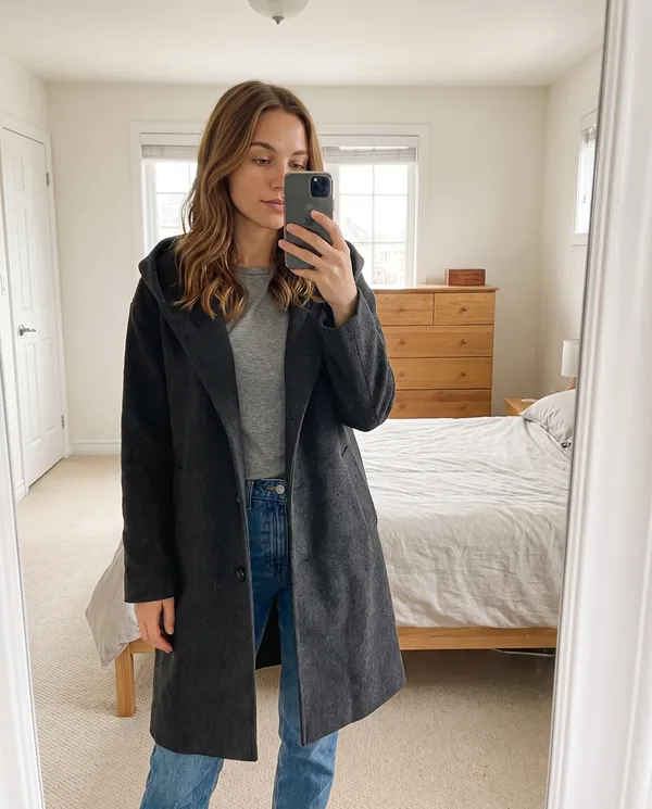 Satin Eve styling: Soft Hooded Wool-Look Coat