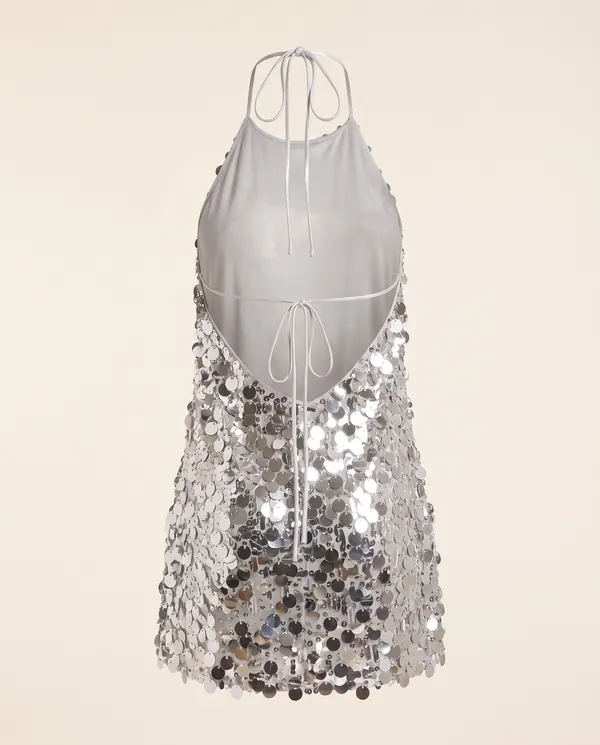 Paillette Halter Backless Mini Dress in Silver, product shot on a plain background