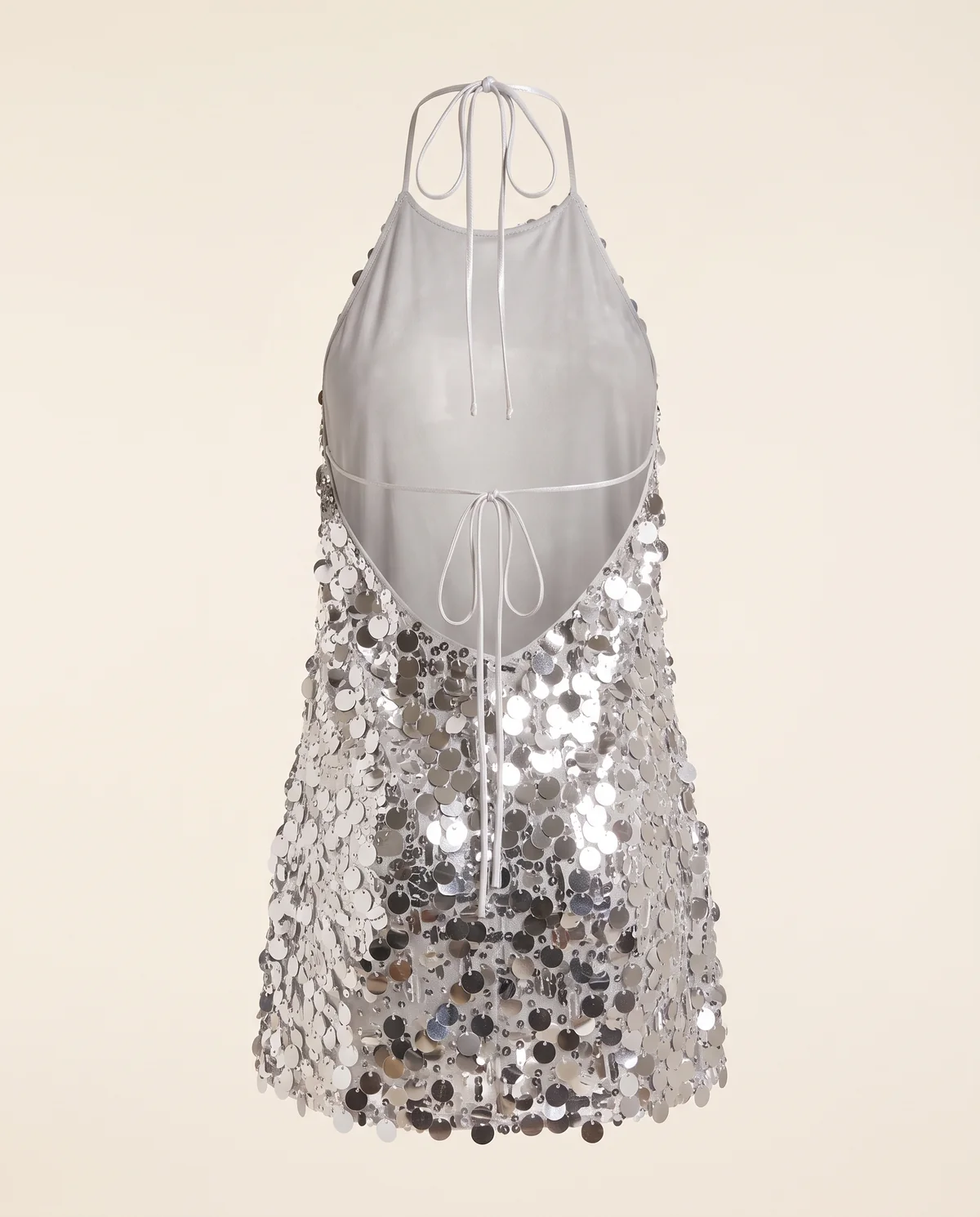 Paillette Halter Backless Mini Dress in Silver, product shot on a plain background