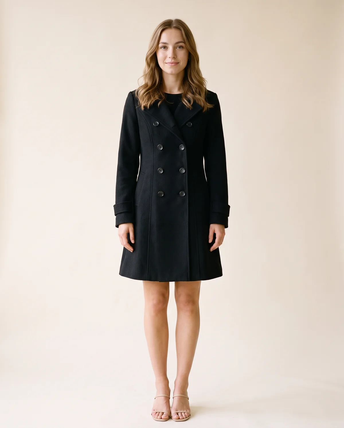 Flared Double-Breasted Wool-Look Coat in Black, front view, worn by Ava