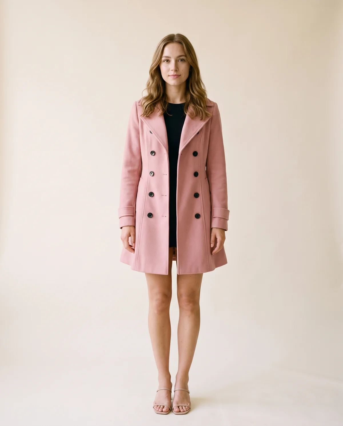 Flared Double-Breasted Wool-Look Coat in Pink, front view, worn by Ava
