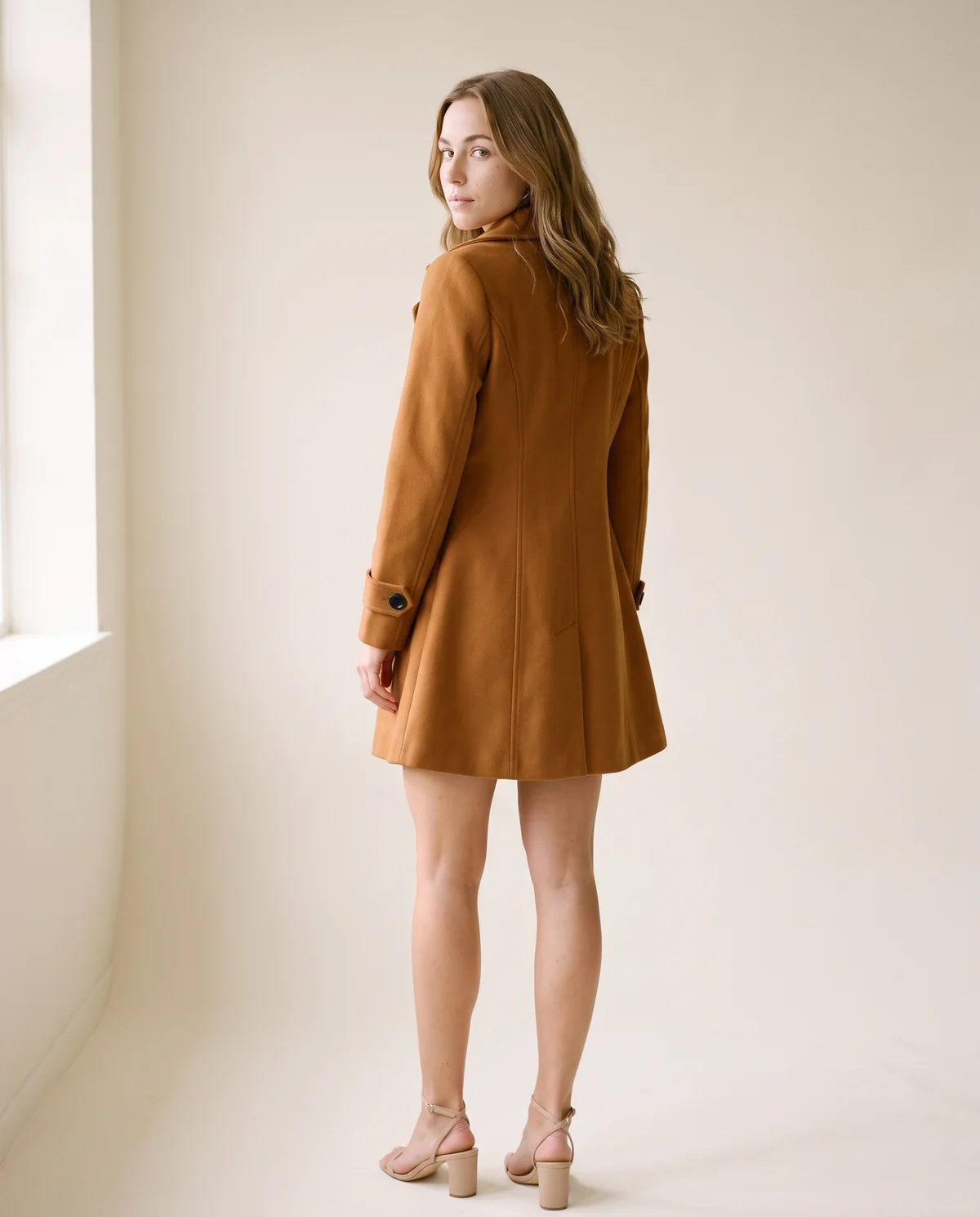 Flared Double-Breasted Wool-Look Coat in Caramel, back view, worn by Ava