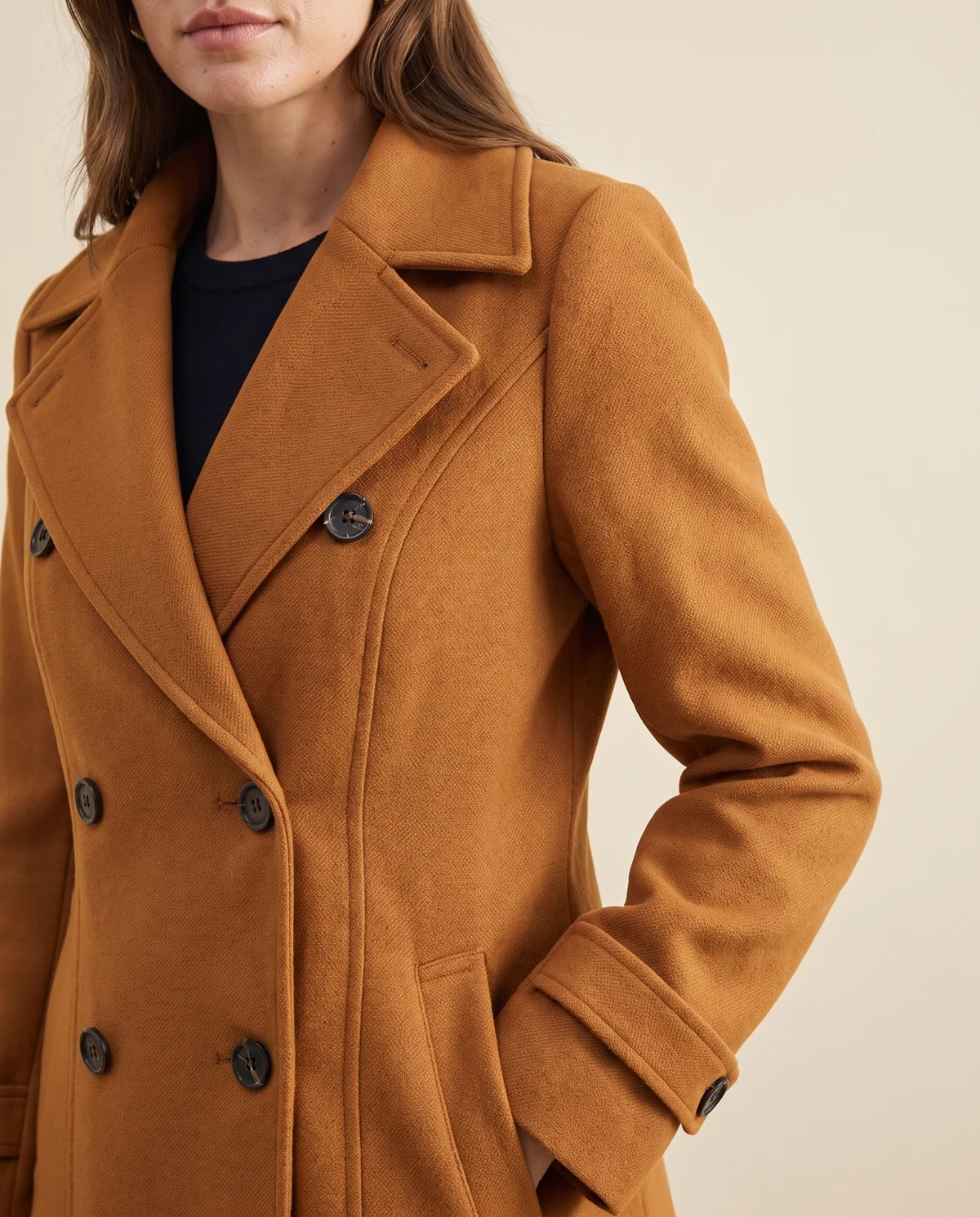 Flared Double-Breasted Wool-Look Coat in Caramel, close-up of the detail