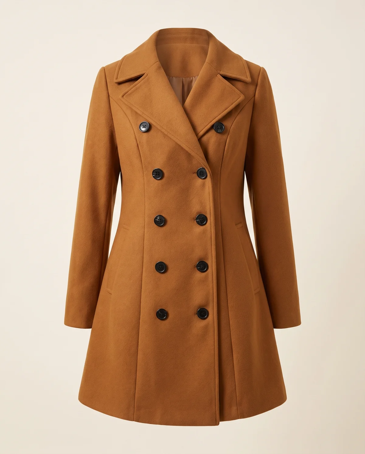 Flared Double-Breasted Wool-Look Coat in Caramel, product shot on a plain background