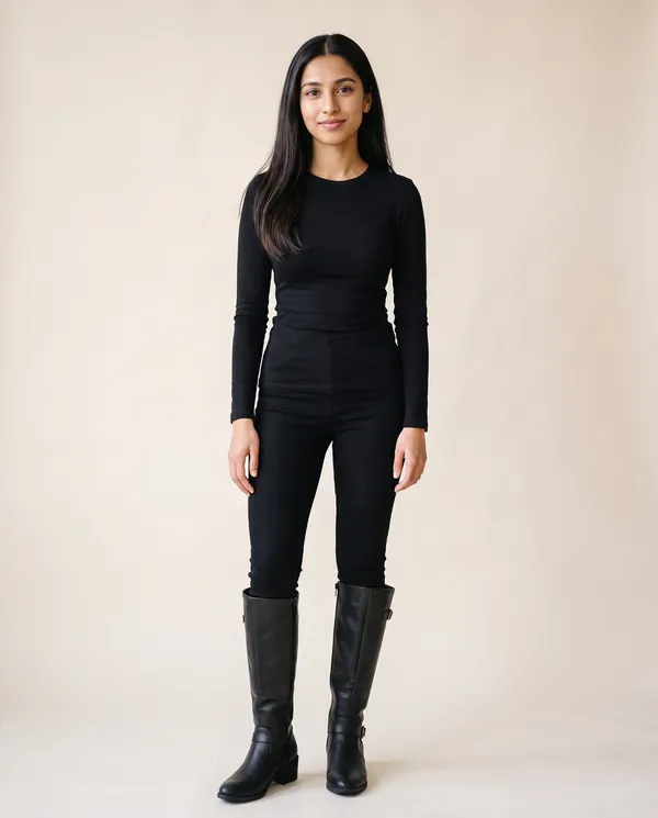 Buckle Block-Heel Knee-High Boot in Black, front view, worn by Priya