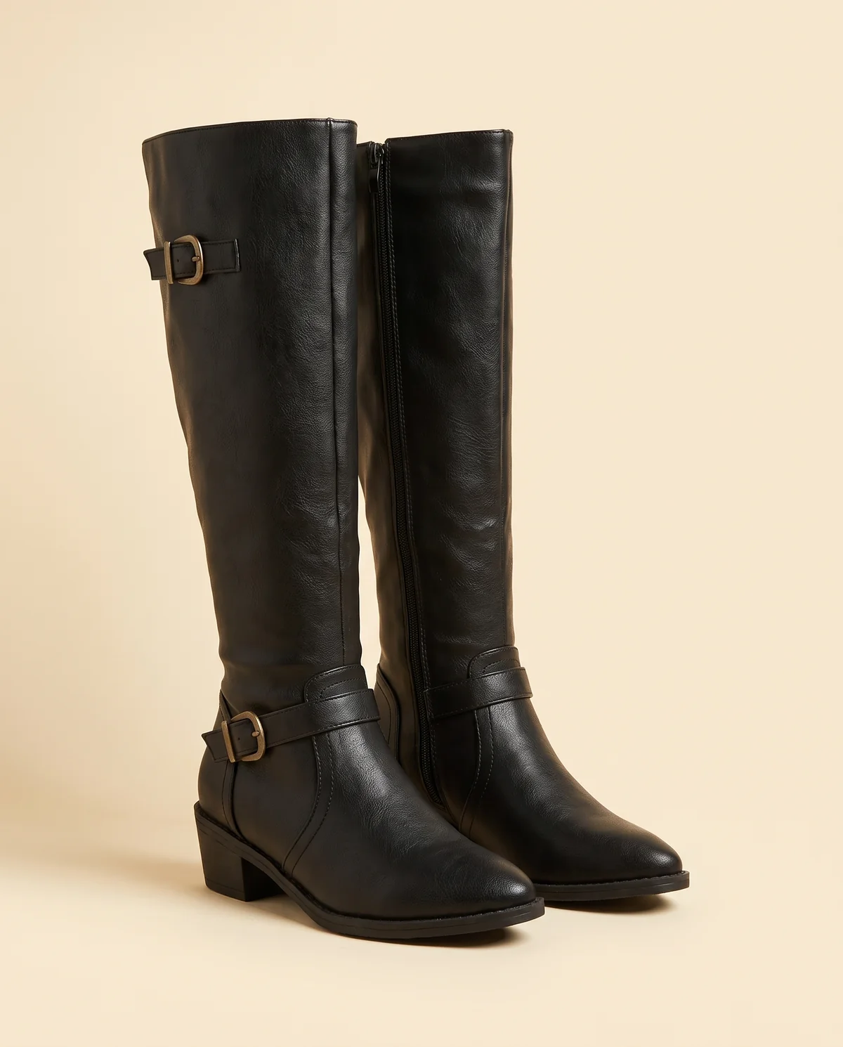 Buckle Block-Heel Knee-High Boot in Black, product shot on a plain background