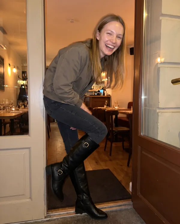 Satin Eve styling: Buckle Block-Heel Knee-High Boot