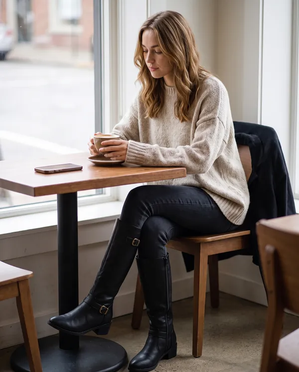 Satin Eve styling: Buckle Block-Heel Knee-High Boot