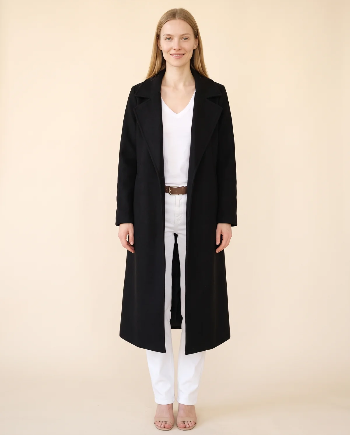 Open-Front Long Wool-Look Coat with Lapel in Black, front view, worn by Maya