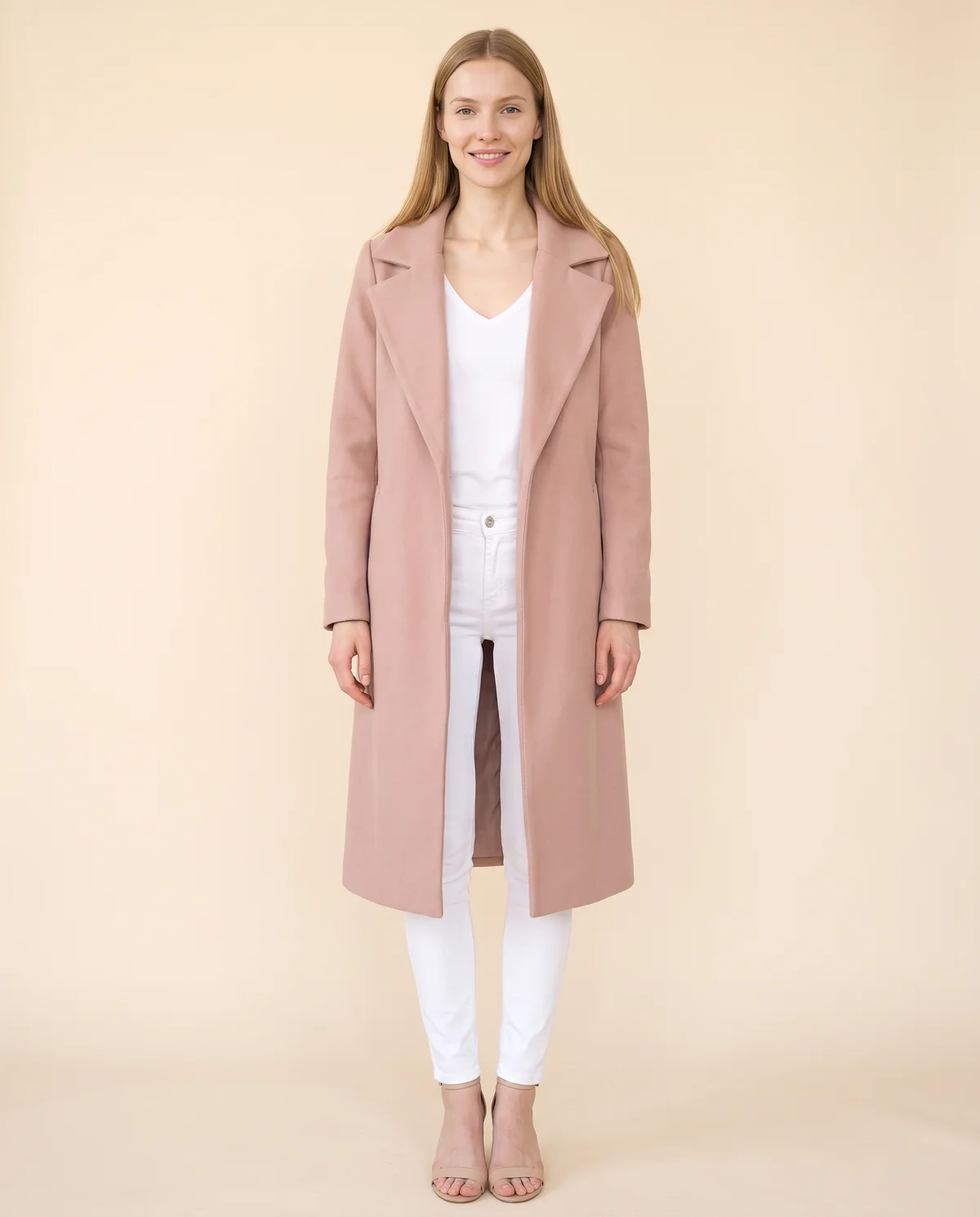 Open-Front Long Wool-Look Coat with Lapel in Blush, front view, worn by Maya