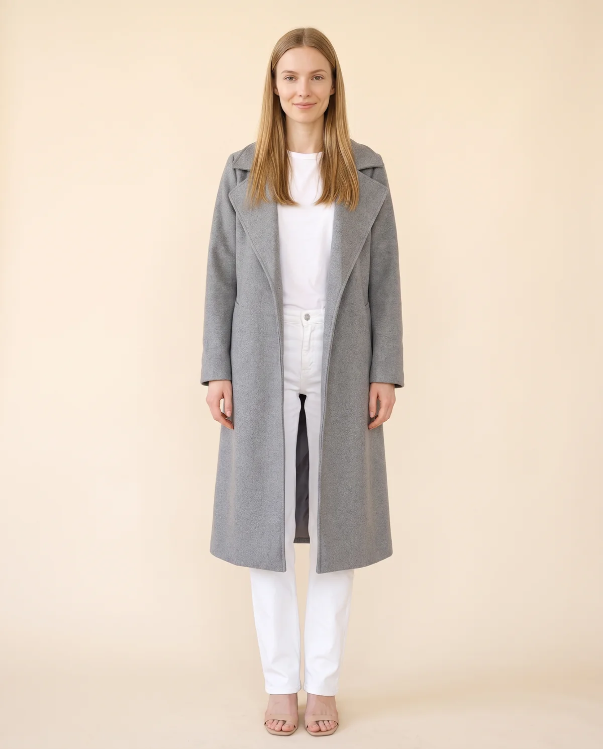 Open-Front Long Wool-Look Coat with Lapel in Grey, front view, worn by Maya