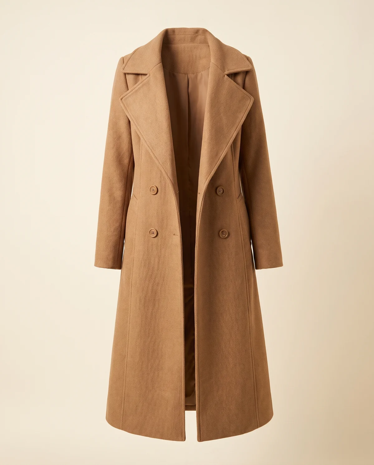 Open-Front Long Wool-Look Coat with Lapel in Camel, product shot on a plain background