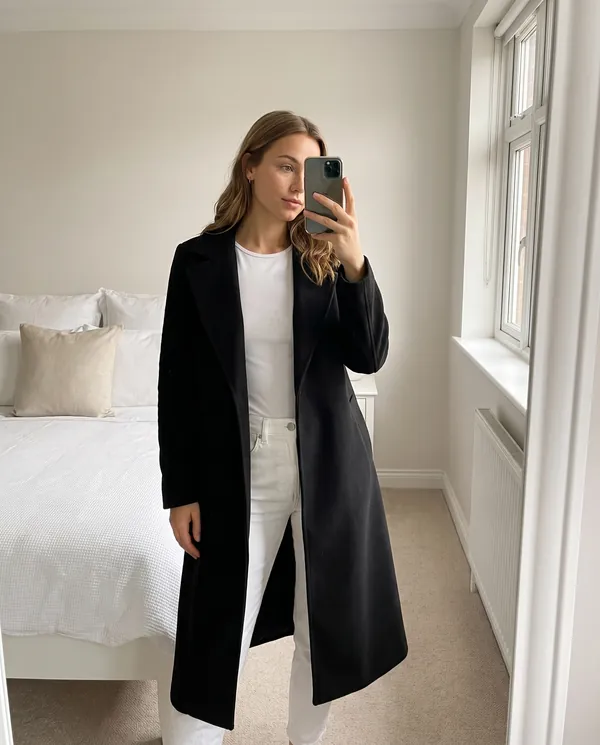 Satin Eve styling: Open-Front Long Wool-Look Coat with Lapel
