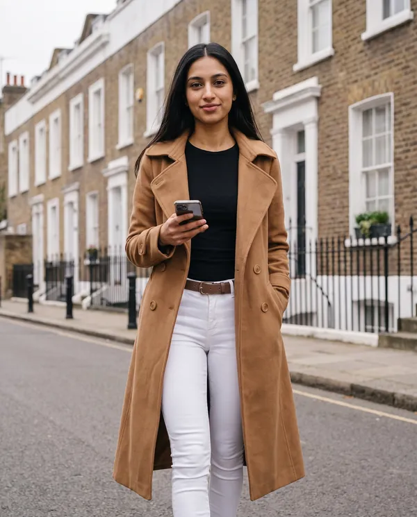 Satin Eve styling: Open-Front Long Wool-Look Coat with Lapel