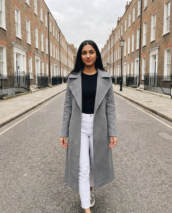 Satin Eve styling: Open-Front Long Wool-Look Coat with Lapel