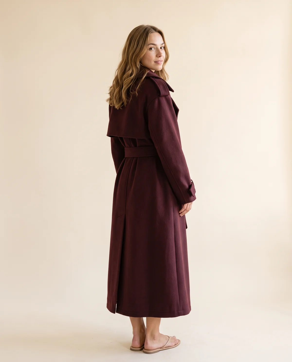 Belted Double-Breasted Long Wool-Look Coat in Burgundy, back view, worn by Ava
