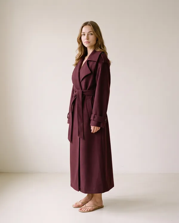 Belted Double-Breasted Long Wool-Look Coat in Burgundy, side view, worn by Ava