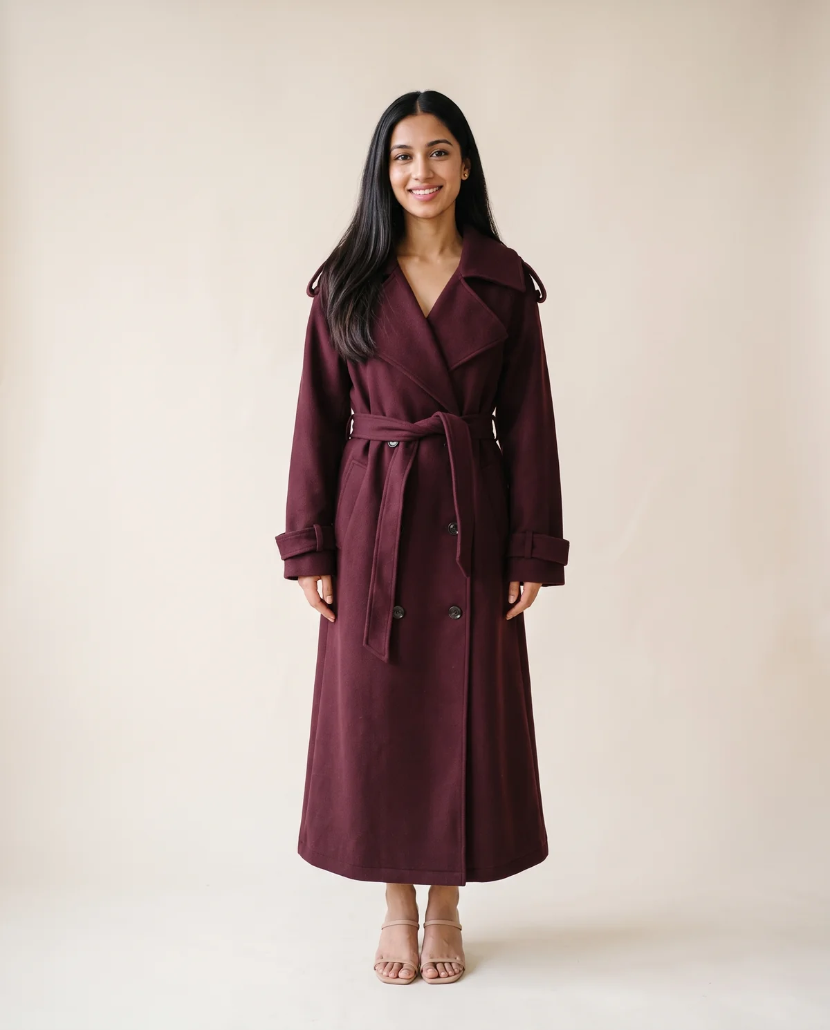Belted Double-Breasted Long Wool-Look Coat in Burgundy, front view, worn by Priya