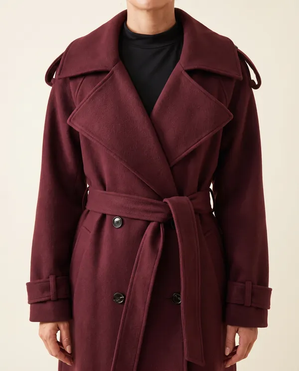 Belted Double-Breasted Long Wool-Look Coat in Burgundy, close-up of the detail