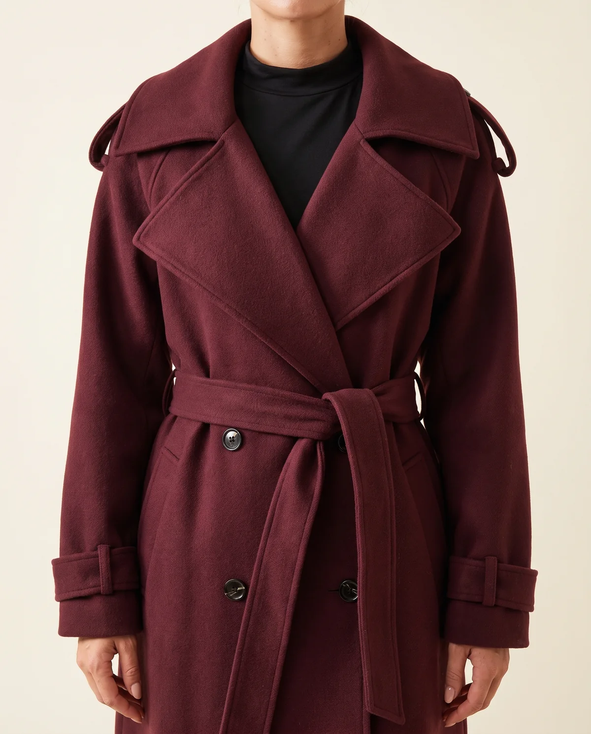 Belted Double-Breasted Long Wool-Look Coat in Burgundy, close-up of the detail