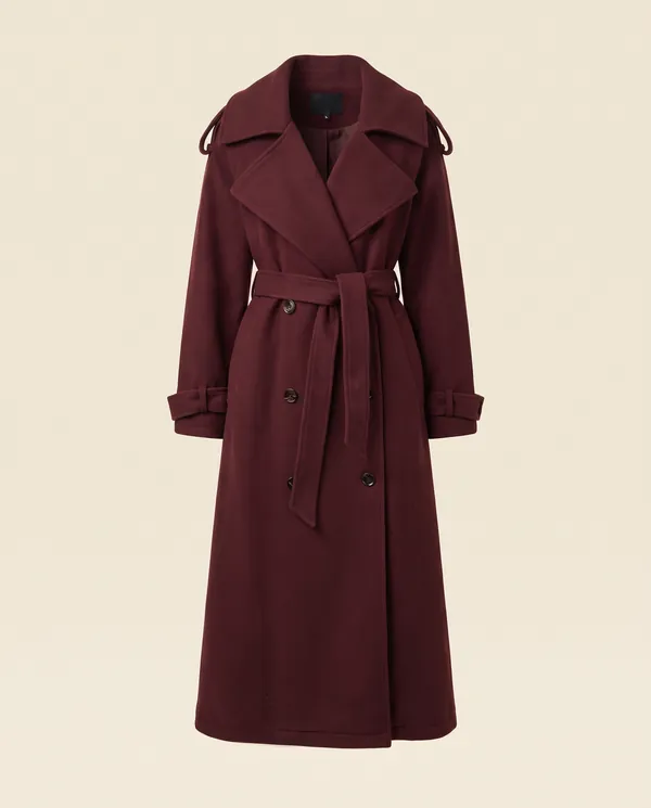 Belted Double-Breasted Long Wool-Look Coat in Burgundy, product shot on a plain background
