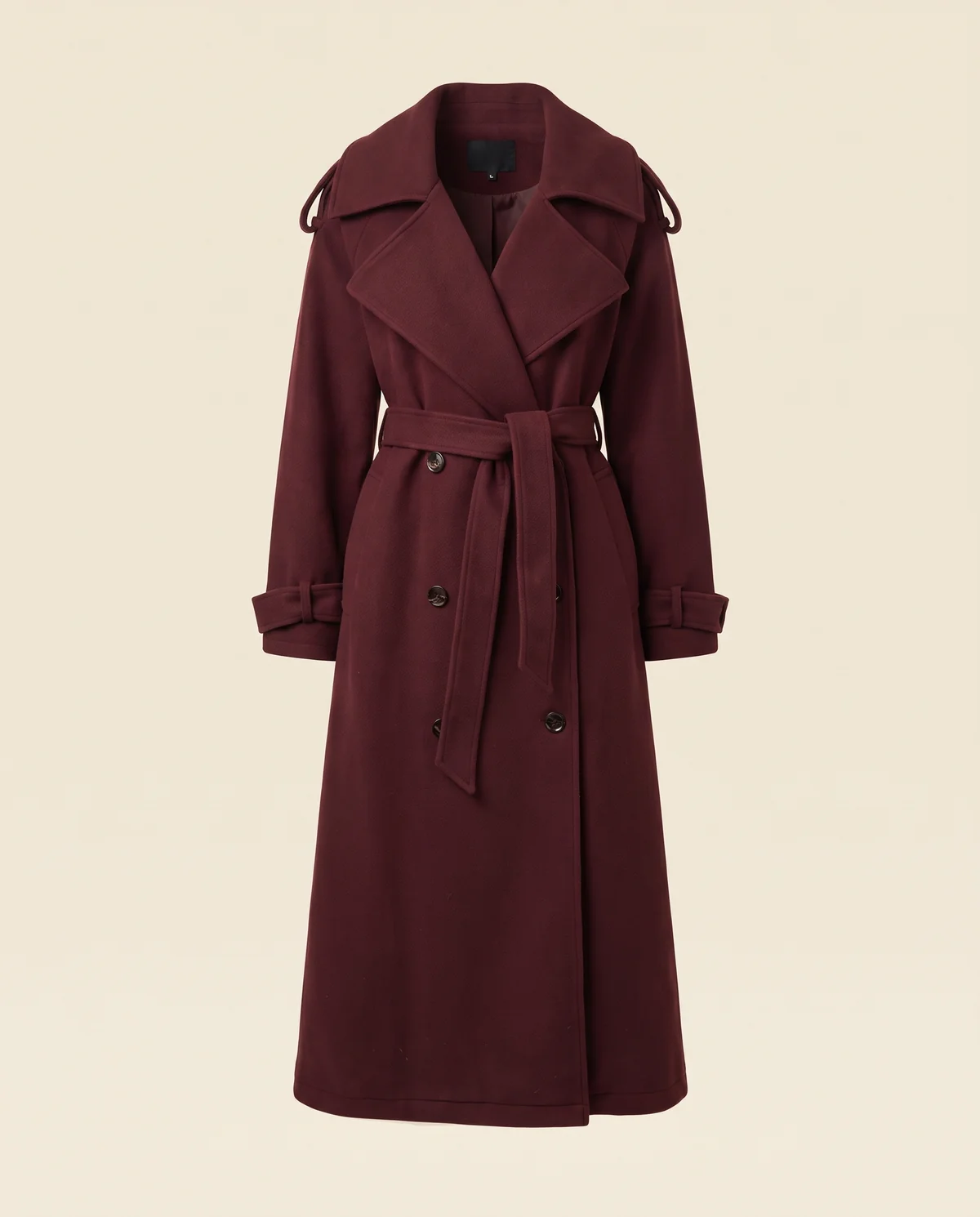 Belted Double-Breasted Long Wool-Look Coat in Burgundy, product shot on a plain background