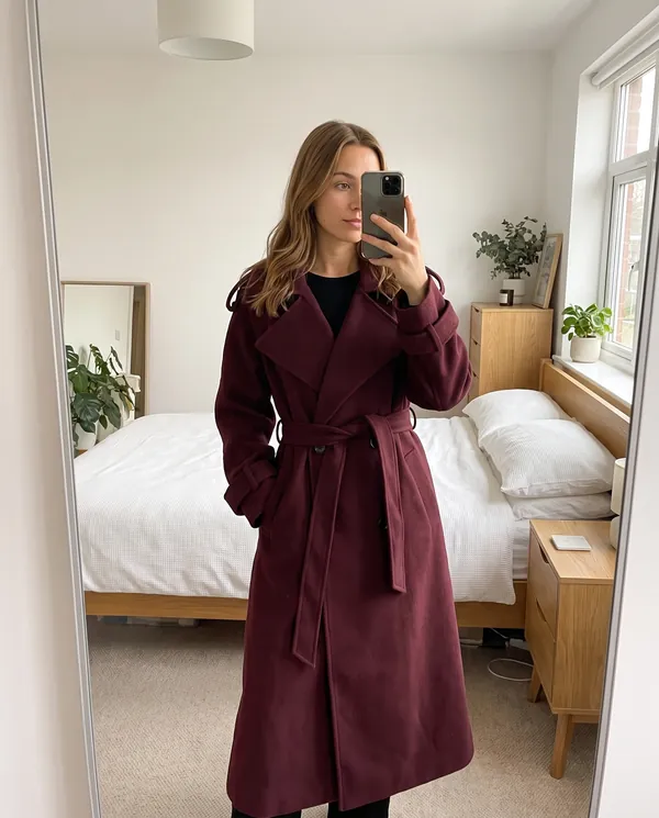 Satin Eve styling: Belted Double-Breasted Long Wool-Look Coat