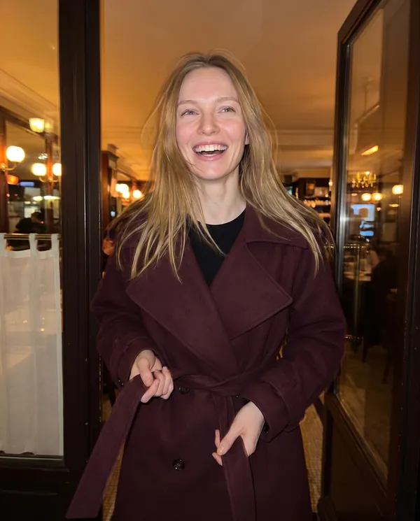Satin Eve styling: Belted Double-Breasted Long Wool-Look Coat