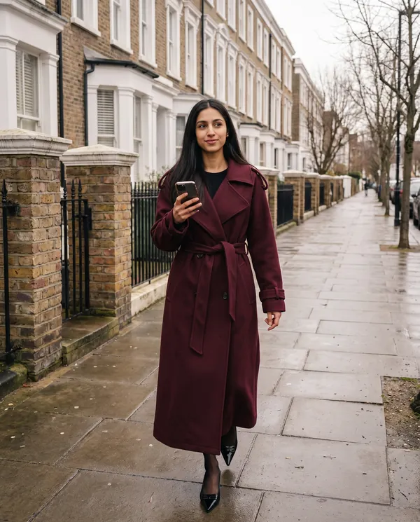 Satin Eve styling: Belted Double-Breasted Long Wool-Look Coat