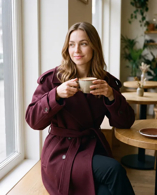 Satin Eve styling: Belted Double-Breasted Long Wool-Look Coat