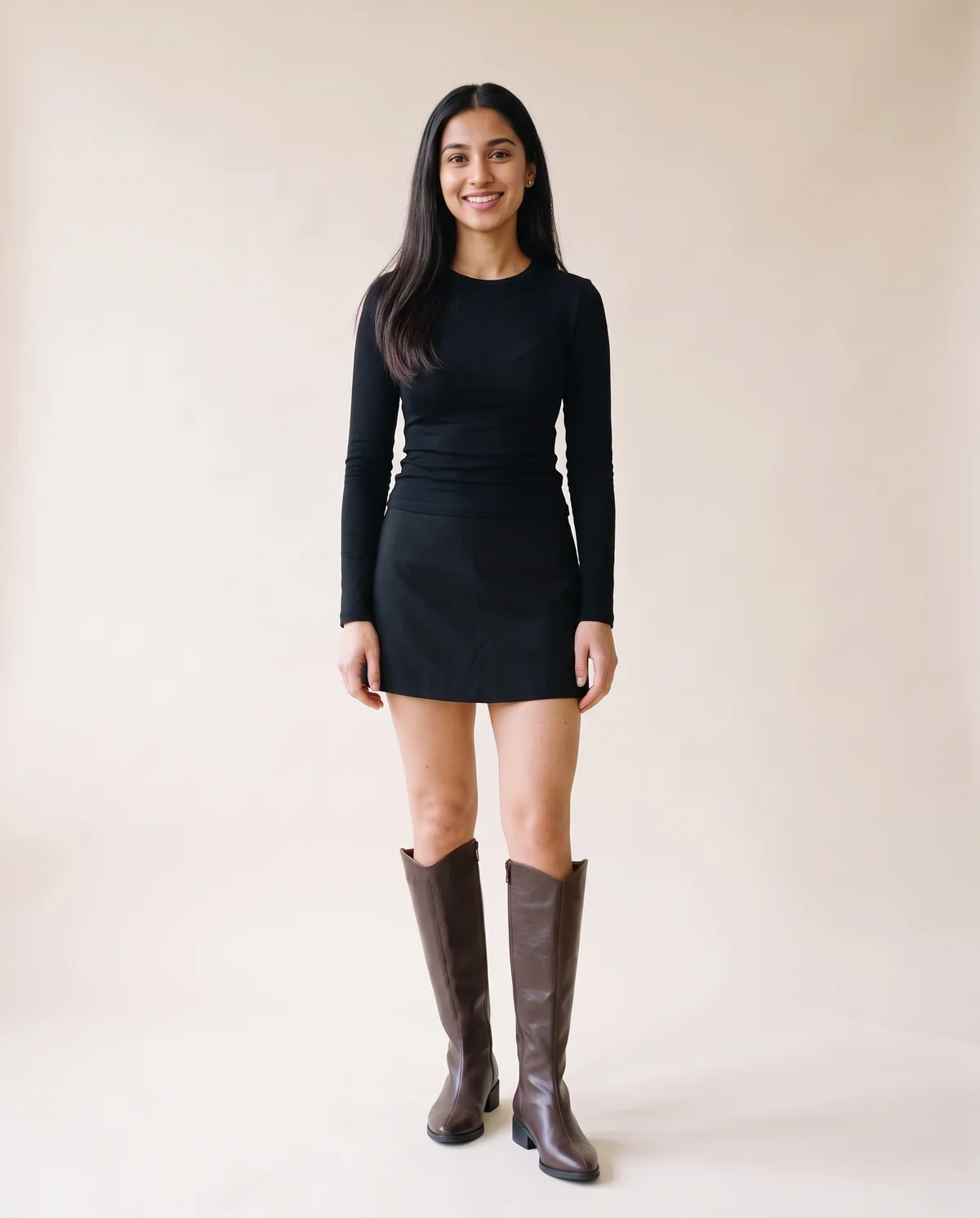 Pointed Low-Heel Knee-High Boot in Chocolate, front view, worn by Priya