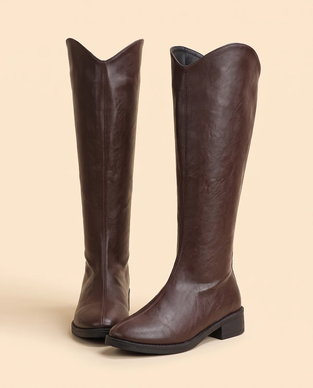 Pointed Low-Heel Knee-High Boot in Chocolate, product shot on a plain background