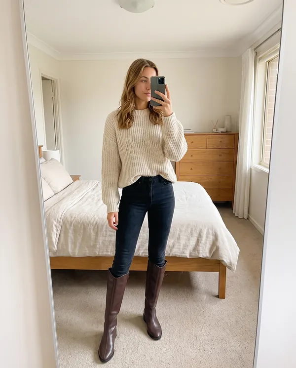 Satin Eve styling: Pointed Low-Heel Knee-High Boot