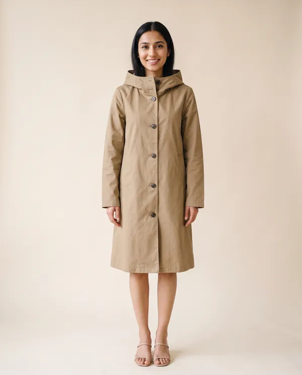 Hooded Trench Coat in Khaki, front view, worn by Priya