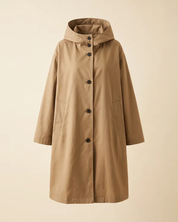 Hooded Trench Coat in Khaki, product shot on a plain background