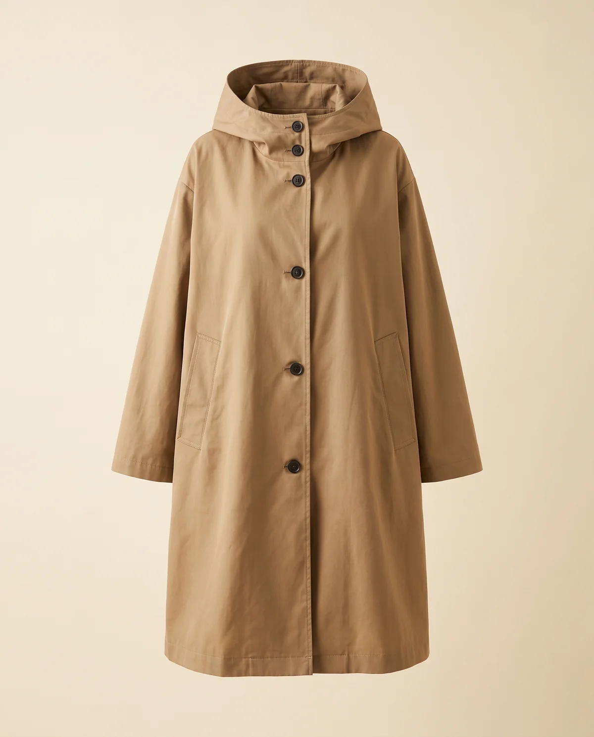 Hooded Trench Coat in Khaki, product shot on a plain background