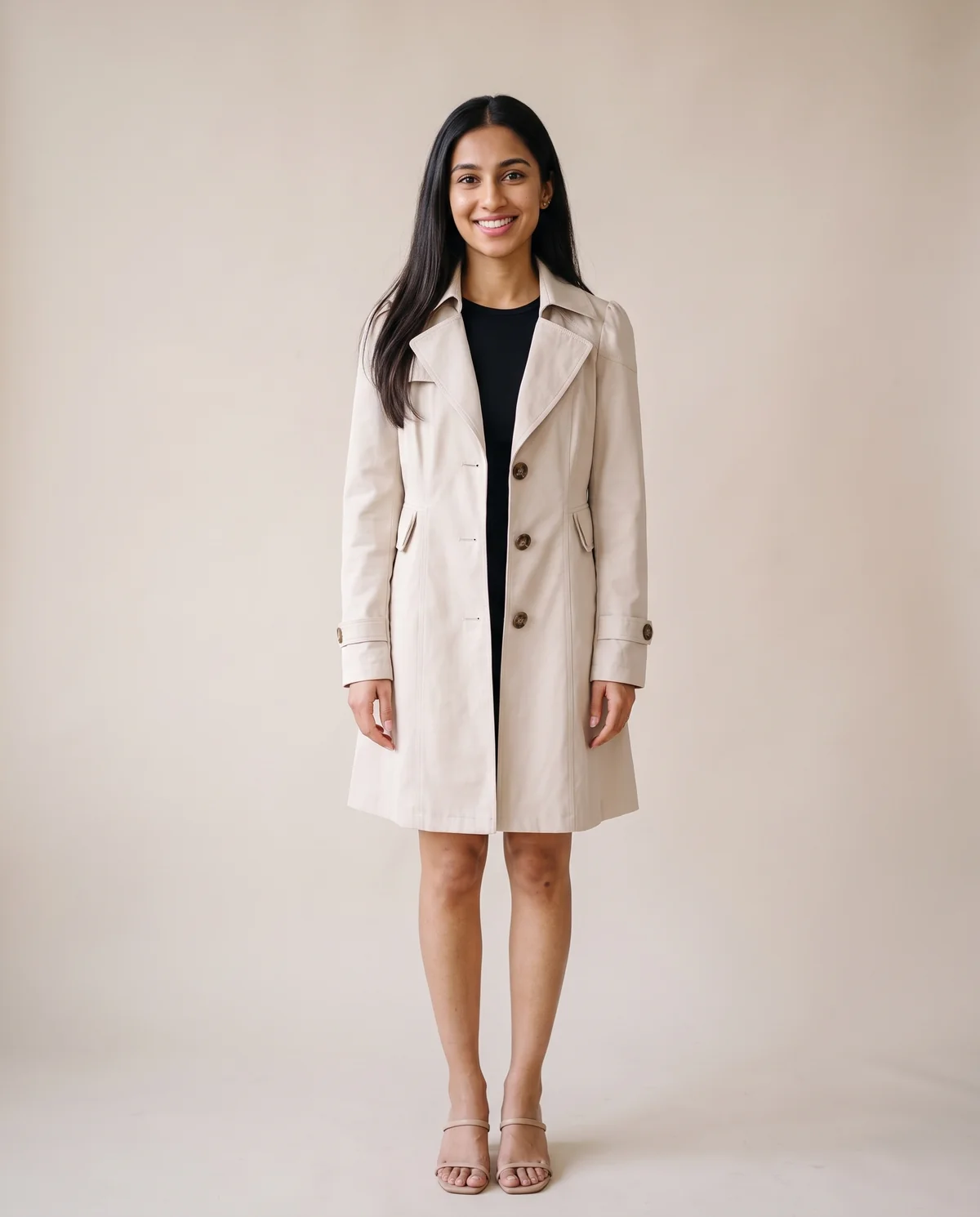 Classic Trench Coat with Sleeve Tabs in Stone, front view, worn by Priya