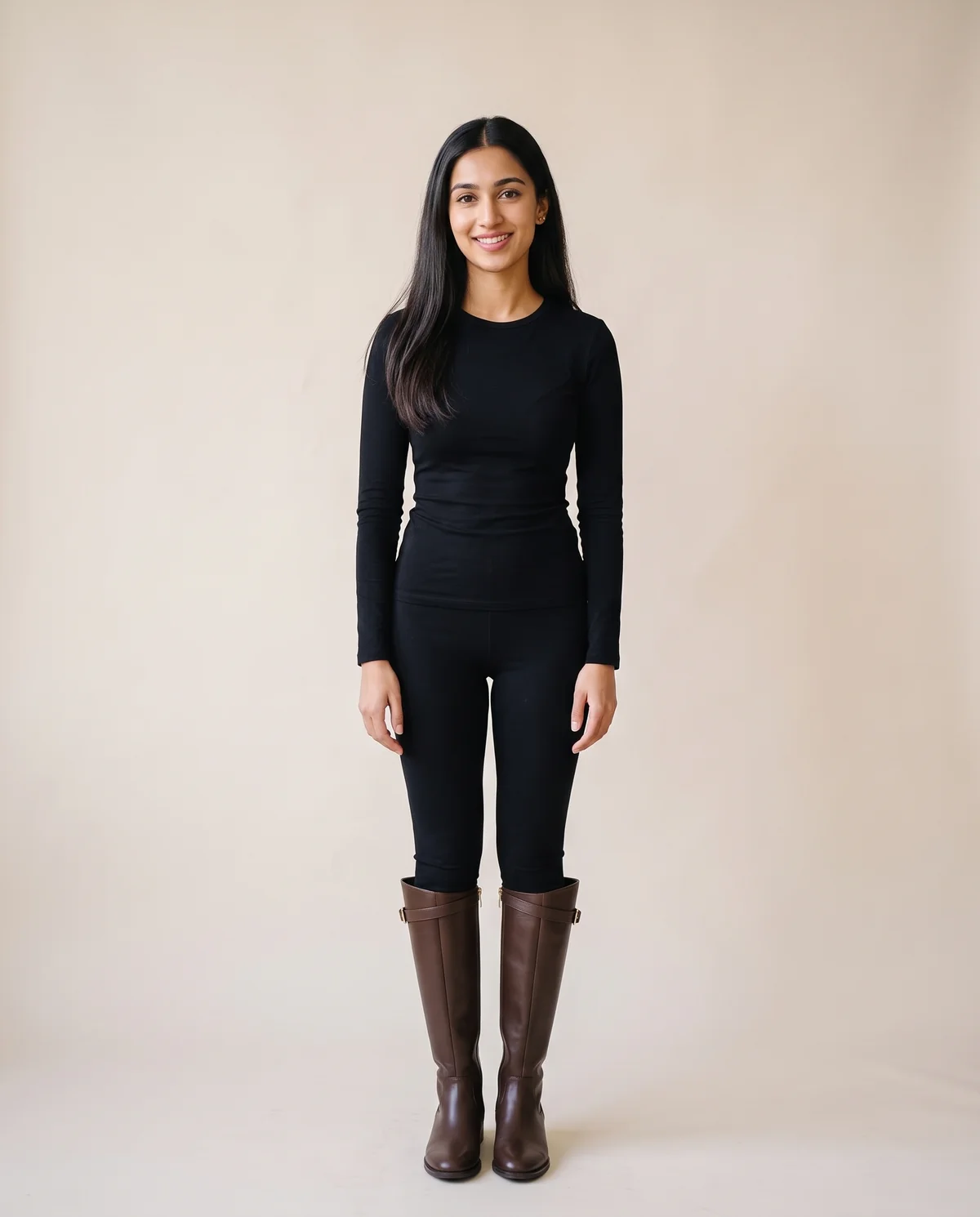 Buckle-Strap Riding Boot in Chocolate, front view, worn by Priya